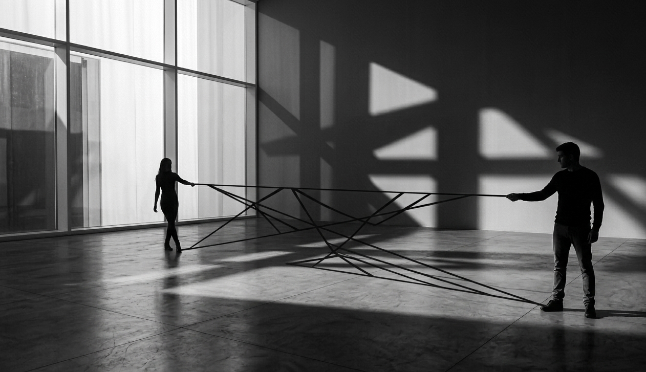 duygusal bağımlılığı temsil eden iki kişi arasındaki güçlü bağ metaforu