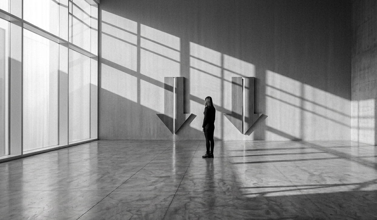 karar verememe ve iki seçenek arasında kalma durumunu temsil eden metaforik sahne