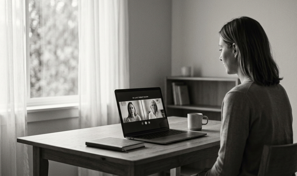 Illustration of an online mental health support session via video call