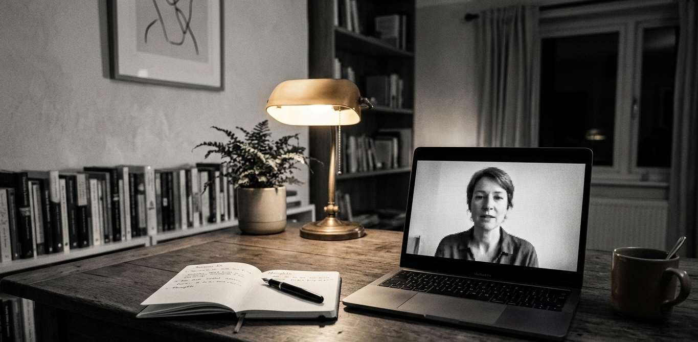 Online bireysel danışmanlık seansı atmosferini temsil eden minimal çalışma alanı ve laptop üzerinden yapılan psikolojik danışmanlık görüşmesi