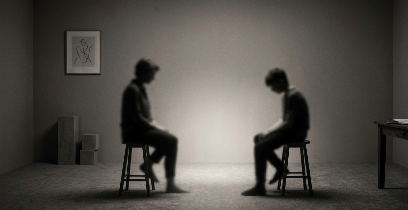 İlişki ve aile dinamiklerini temsil eden metaforik sahne, kişiler arası mesafe ve duygusal iletişimi simgeleyen minimal psikolojik danışmanlık görseli