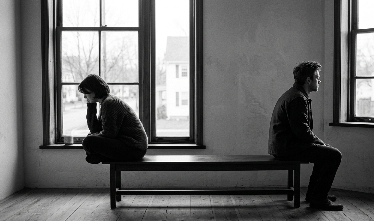 ilişki dinamiklerini ve partnerler arasındaki duygusal mesafeyi temsil eden metaforik sahne