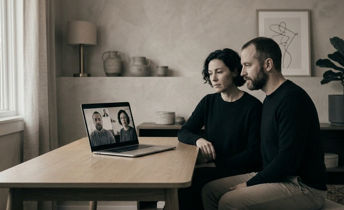 Online çift ve aile danışmanlığı görüşmesinde ilişki iletişimi üzerine çalışan çift