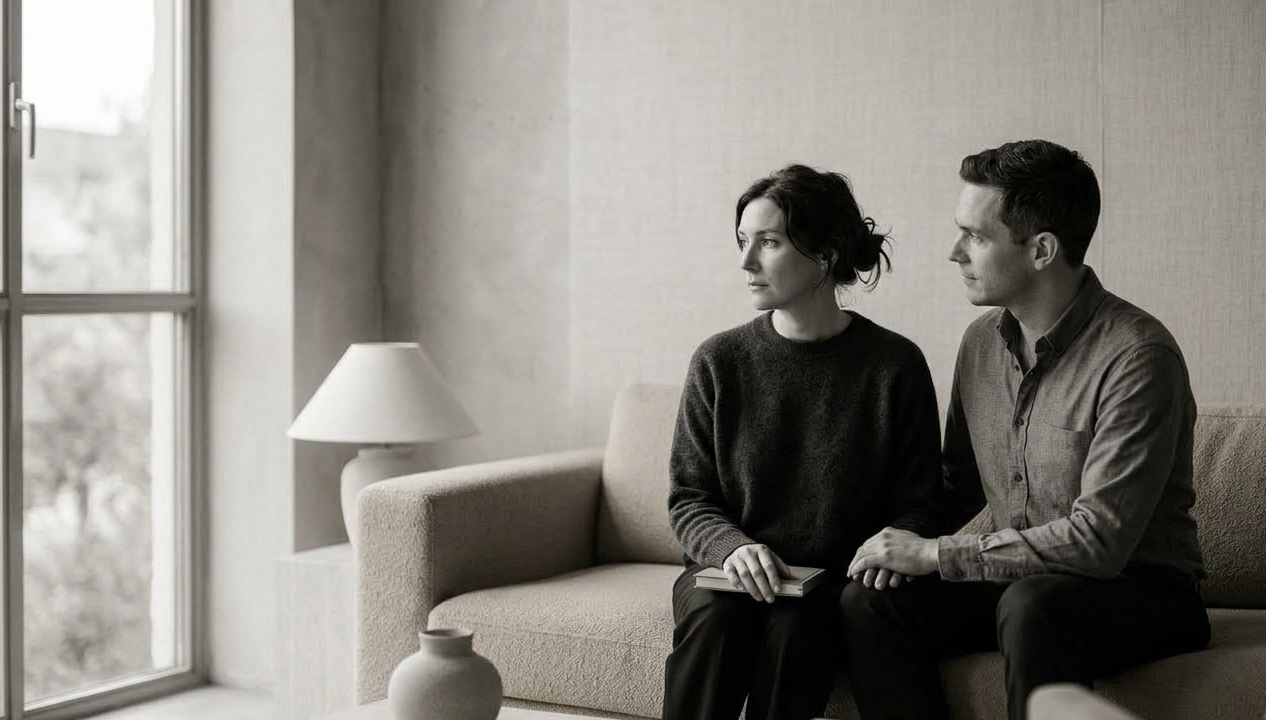 Couple in a counselling-style conversation representing communication support and emotional reflection in relationships.