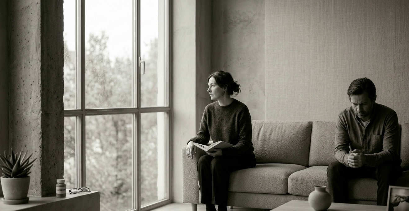 Couple sitting apart representing the emotional strain addiction can create in relationships.