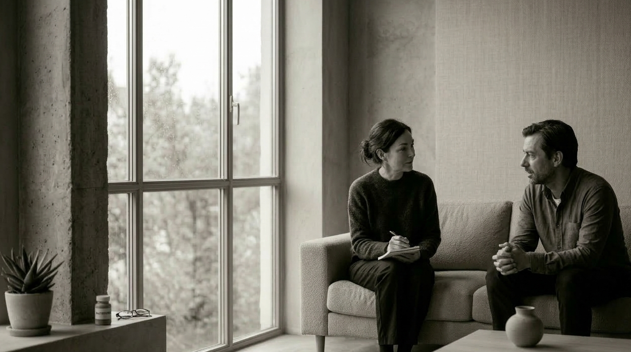 Supportive conversation representing addiction counselling and the recovery support process.