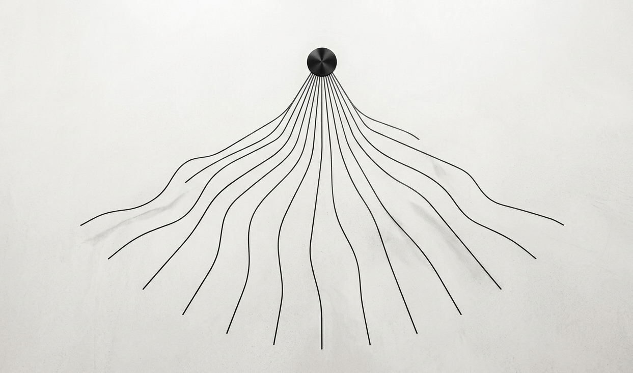 Farklı yolların aynı noktaya çıkmasını temsil eden minimal soyut sahne