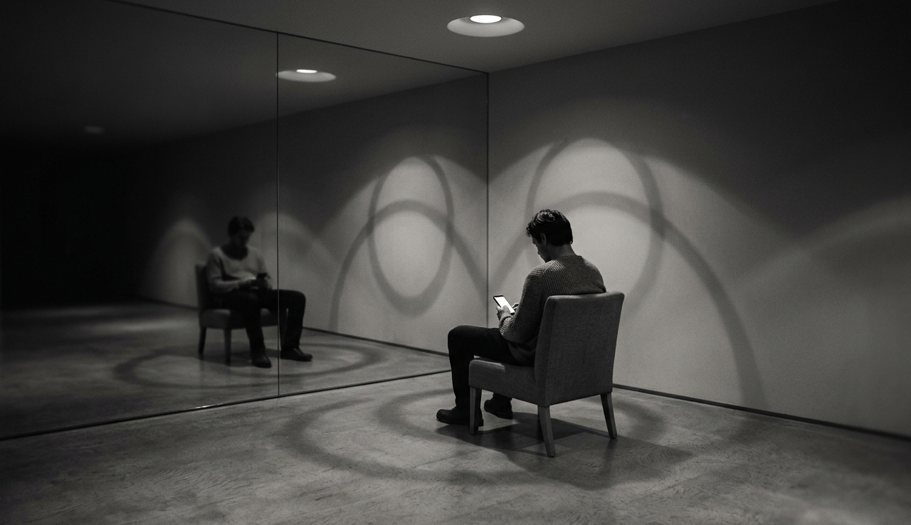 Davranışsal bağımlılık döngüsünü fark eden bireyin içsel farkındalık anını temsil eden sahne