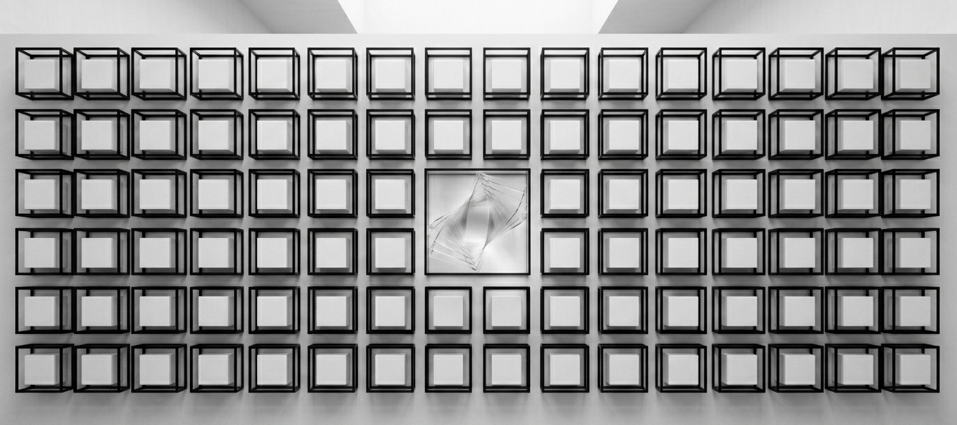 Düzenli bir yapı içinde netleşen karar sürecini temsil eden siyah beyaz geometrik kompozisyon