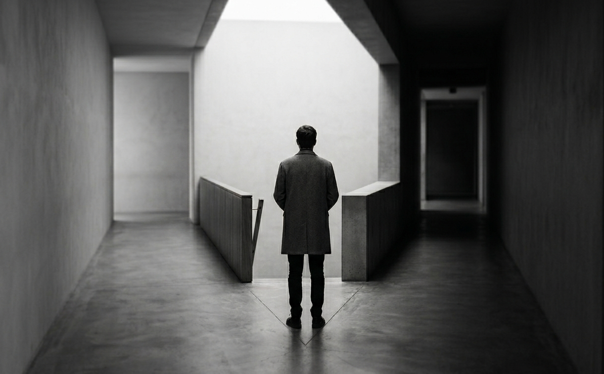 İki yön arasında kalan bir kişinin karar verme sürecini temsil eden siyah beyaz sahne