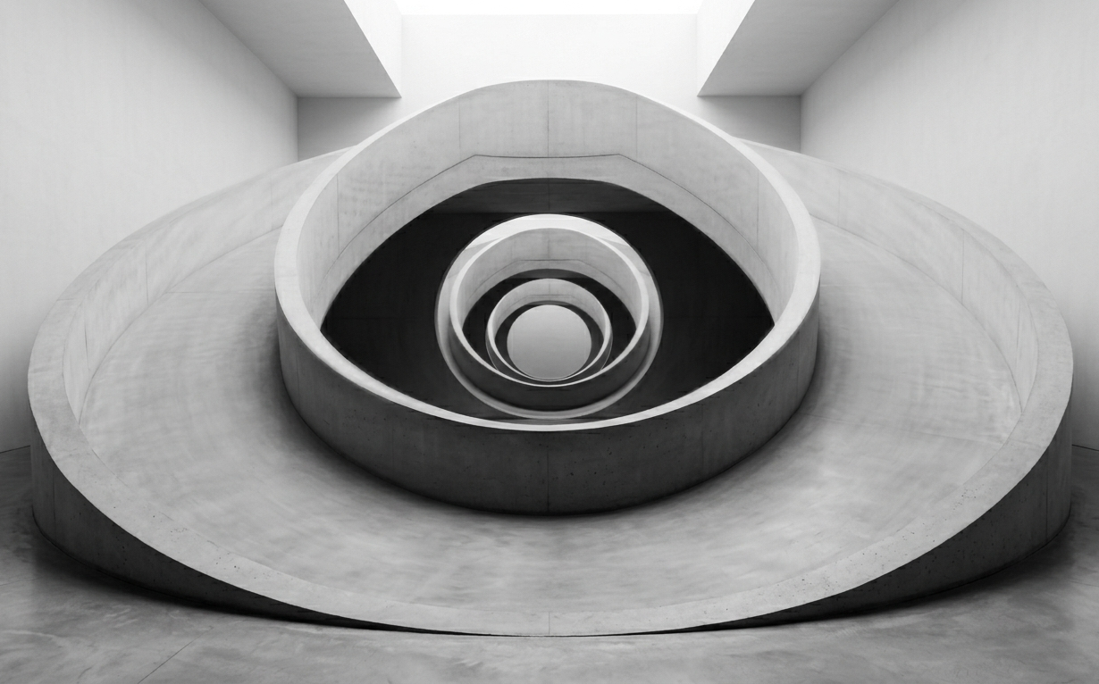 Tekrarlayan düşünce döngüsünü temsil eden siyah beyaz soyut form