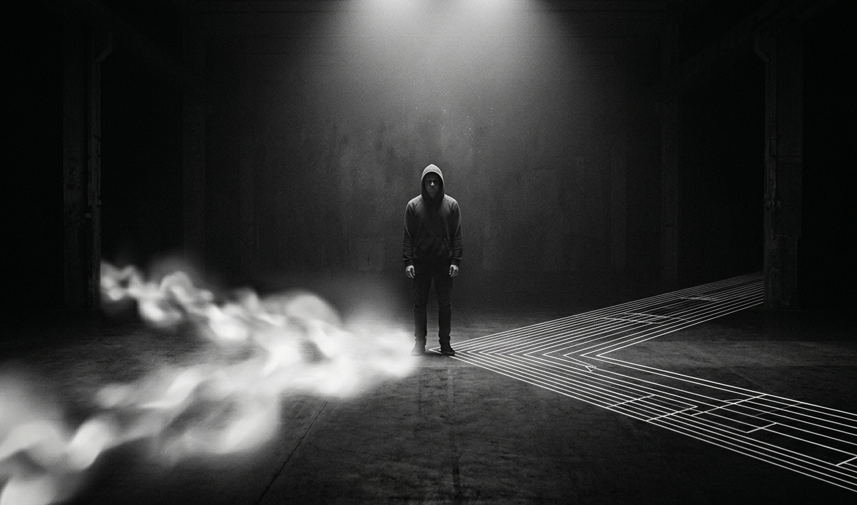 Person standing between emotional and logical choices in a relationship