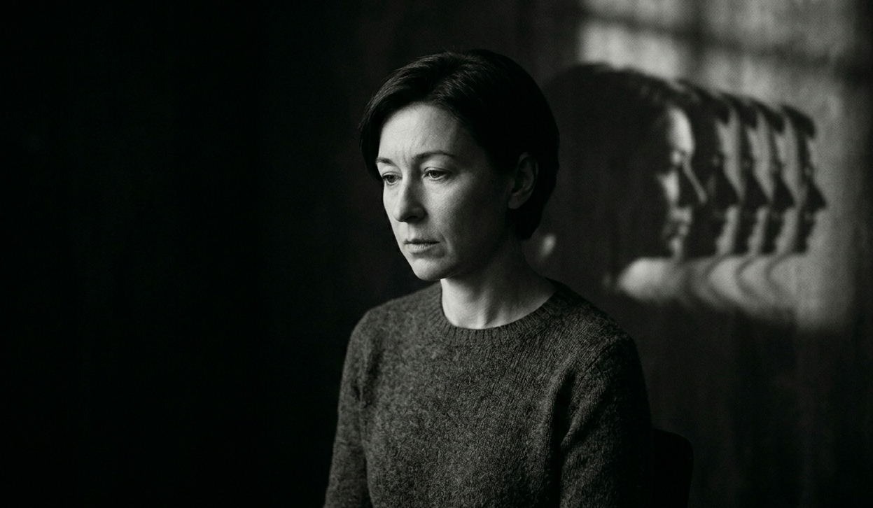 Woman sitting alone in deep thought representing repetitive thinking and emotional conflict
