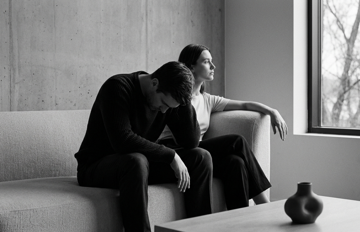 Couple sitting close but emotionally disconnected, illustrating relationship distance and lack of intimacy