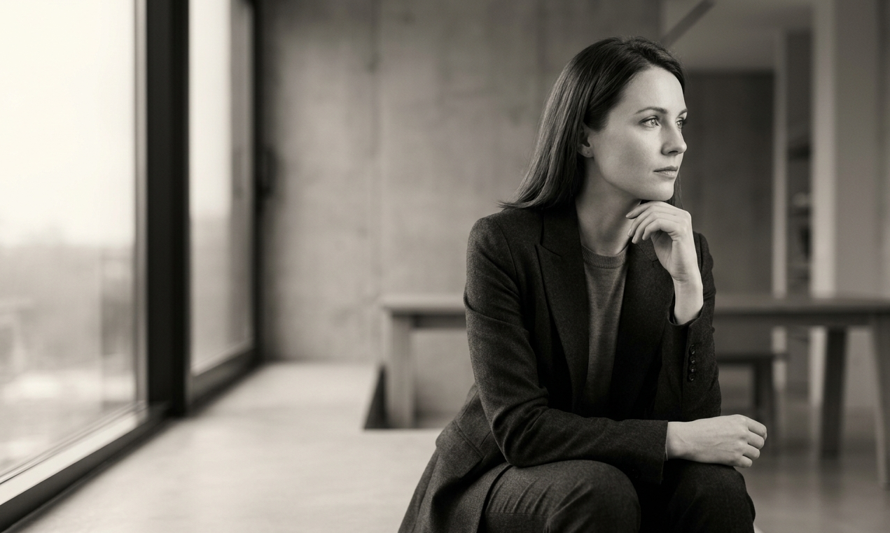 Düşünceli bir şekilde pencereden dışarı bakan, kariyer sahibi bir kadının içsel sorgulama anı