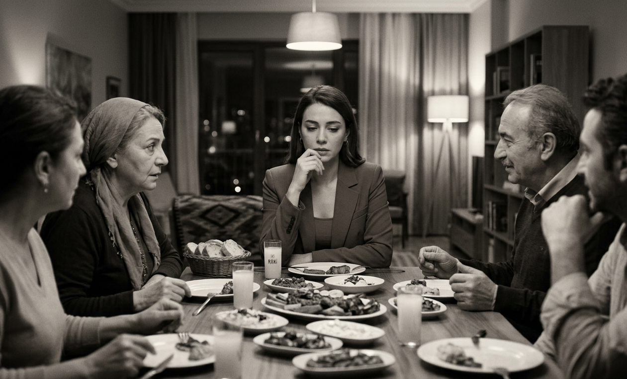 Aile ortamında, üzerine yönelen sorular karşısında rahatsız hisseden bir kadın