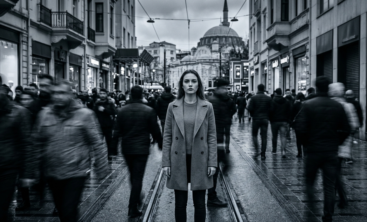 Kalabalık içinde kendi kararlarıyla yalnız kalan bir kadının güçlü ama baskı altındaki duruşu