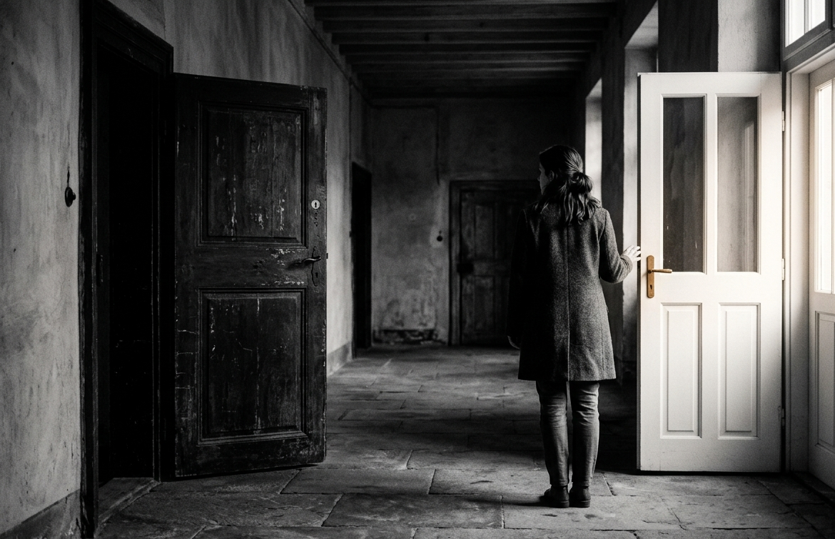 İki seçenek arasında duran ve hangisini seçeceğini bilemeyen bir kadın