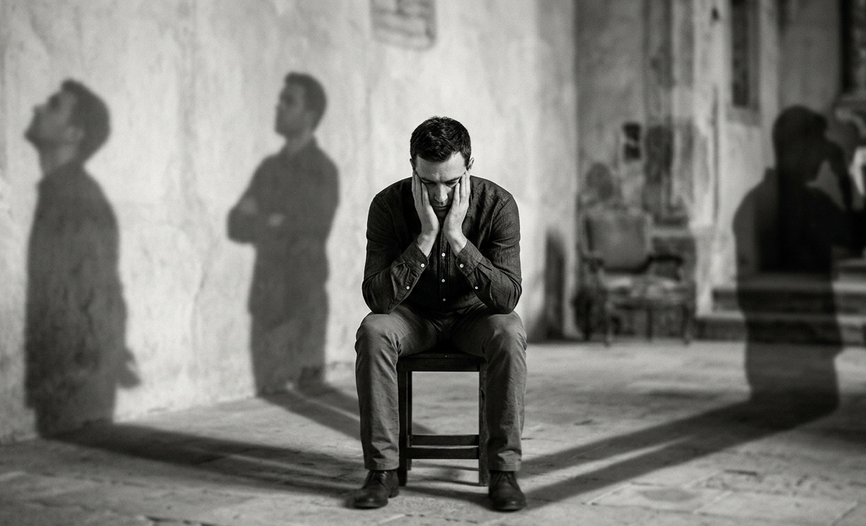 Karar veremediği için zihinsel olarak yorulmuş ve düşüncelere dalmış bir adam