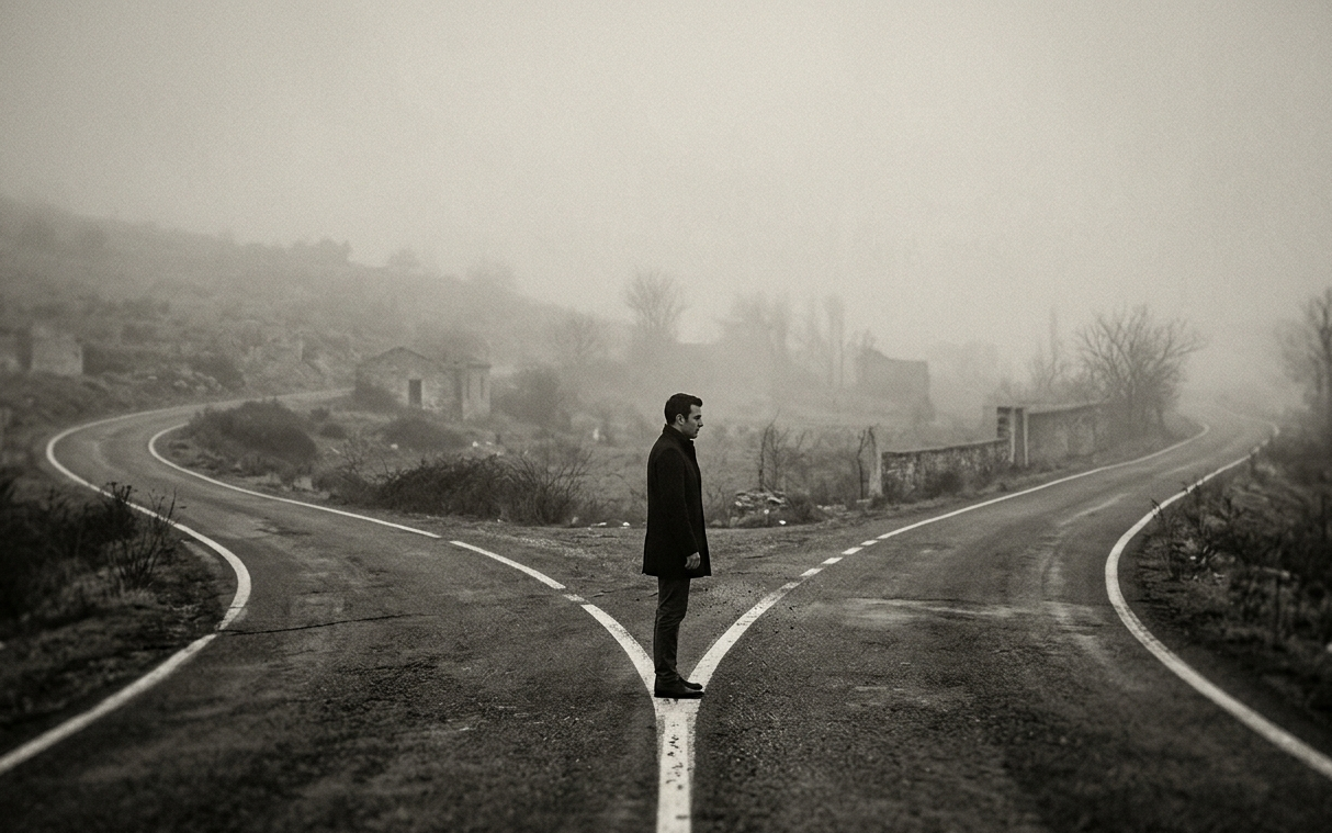 Sisli bir yol ayrımında durup hangi yöne gideceğine karar veremeyen bir kişi