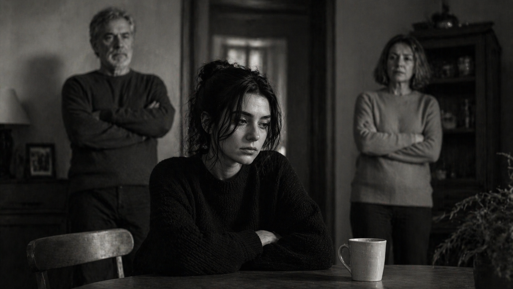 aile içinde sessiz baskı hisseden genç birey ve arkasında duran ebeveyn figürleri