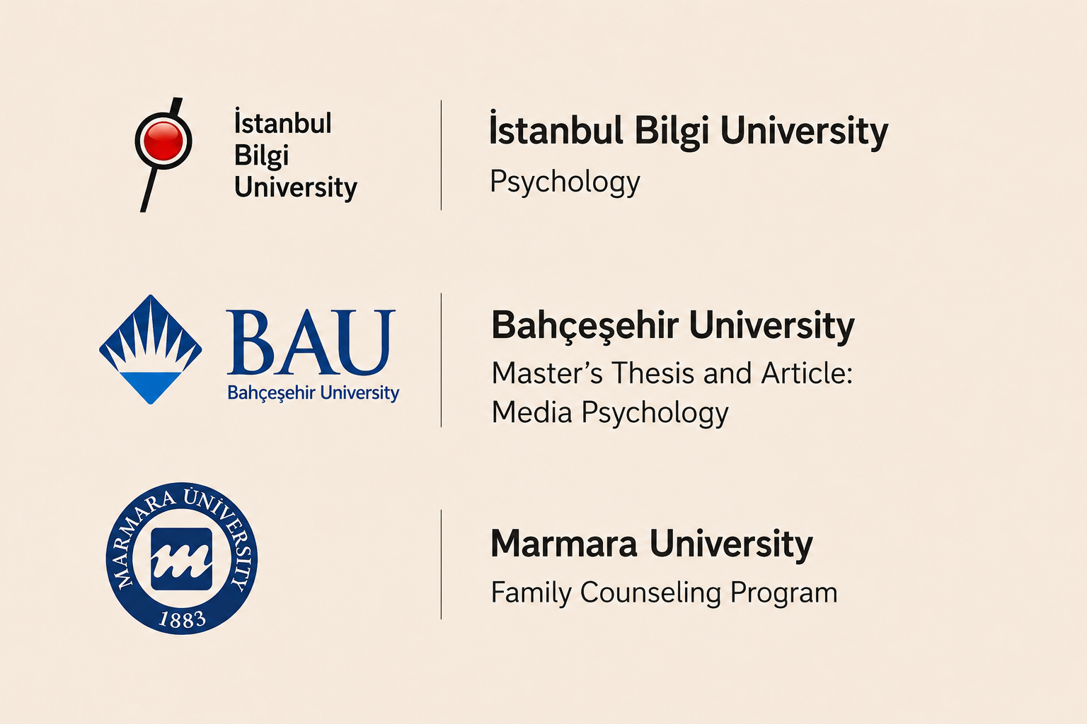 Üniversite logoları ve başlıklar: İstanbul Bilgi, Bahçeşehir, BAU ve Marmara; psikoloji ve aile danışmanlığı.